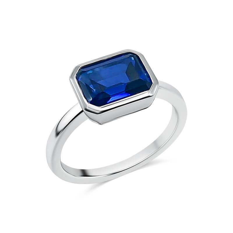 East West Blue Sapphire Emerald Bezel Ring
