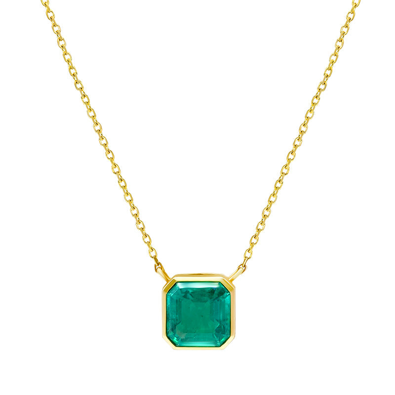 Lab Grown Columbian Emerald Asscher Cut Bezel Pendant Necklace