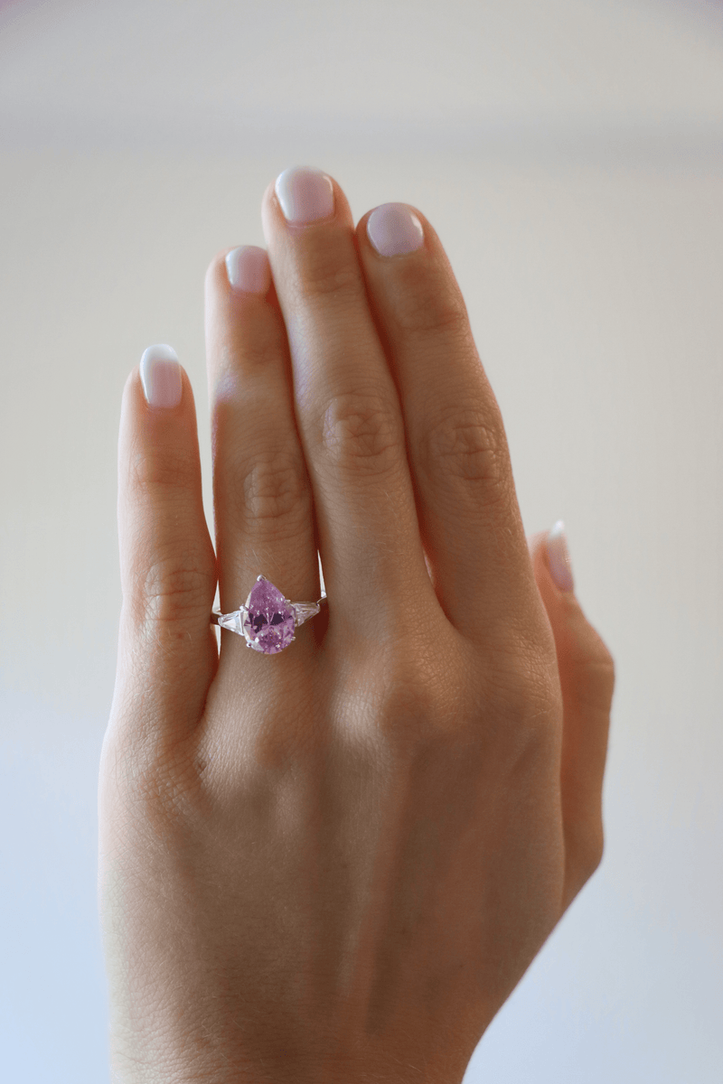 Pink Pear Sapphire Ring with Tapered Baguette Sides