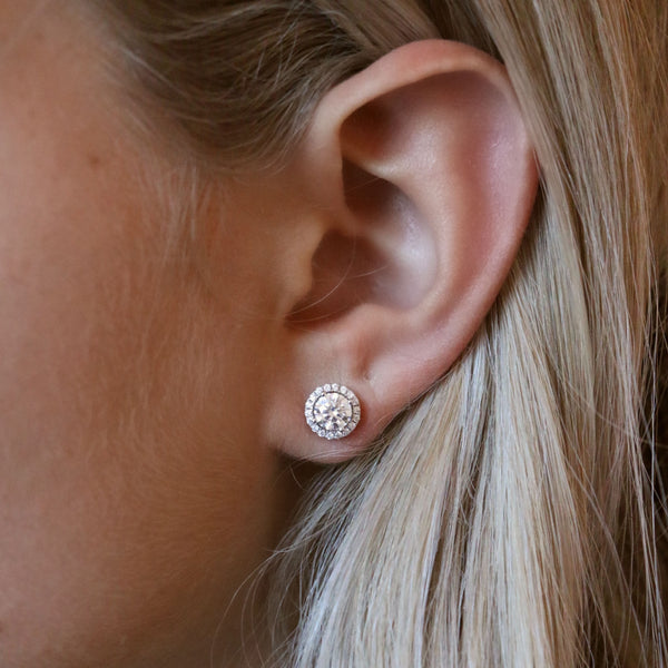 Round Cut Lab Grown Diamond Stud Earrings with Diamond Halo