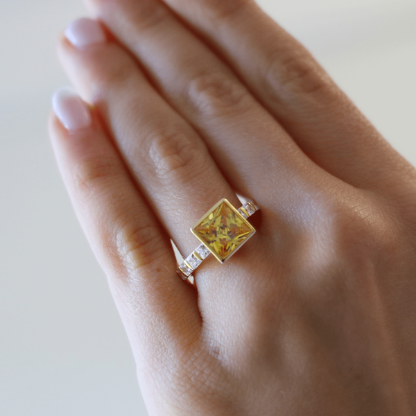 Yellow Sapphire Engagement Ring | Princess Cut Bezel Set