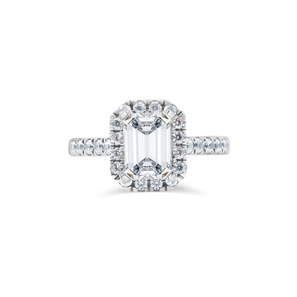Emerald Cut Halo with Pave Band Engagement Ring. Deltora Diamonds Sustainable Lab Diamond Bridal Jewellery. 