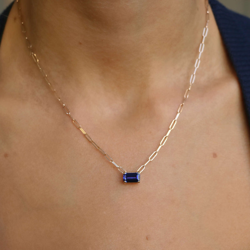 Floating Emerald Cut Royal Blue Sapphire Necklace