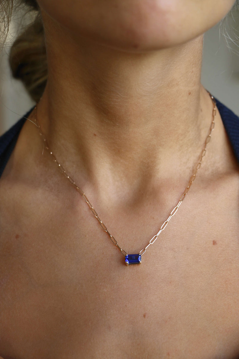 Floating Emerald Cut Royal Blue Sapphire Necklace