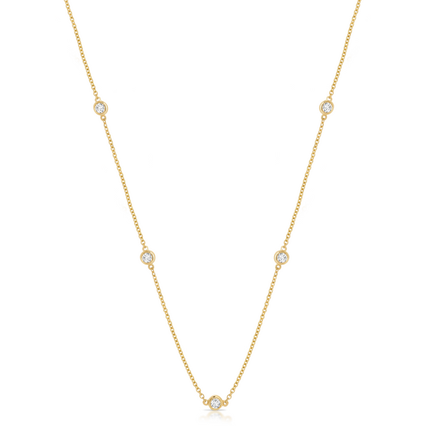 bezel set lab diamond necklace in yellow gold by Deltora Diamonds and CEO Melissa-trafford Jones