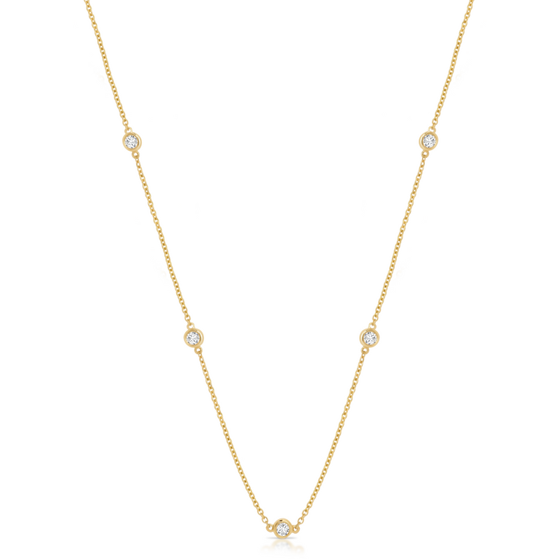 bezel set lab diamond necklace in yellow gold by Deltora Diamonds and CEO Melissa-trafford Jones