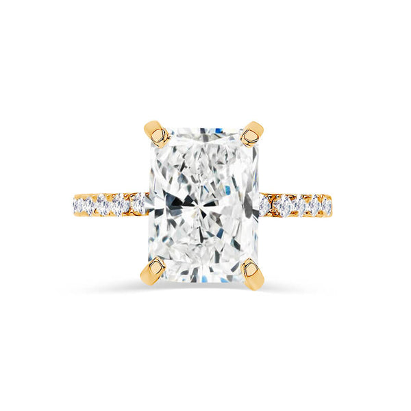 Radiant Cut Solitaire with Hidden Halo and Diamond Pave Band made with Sustainable Lab Diamonds.