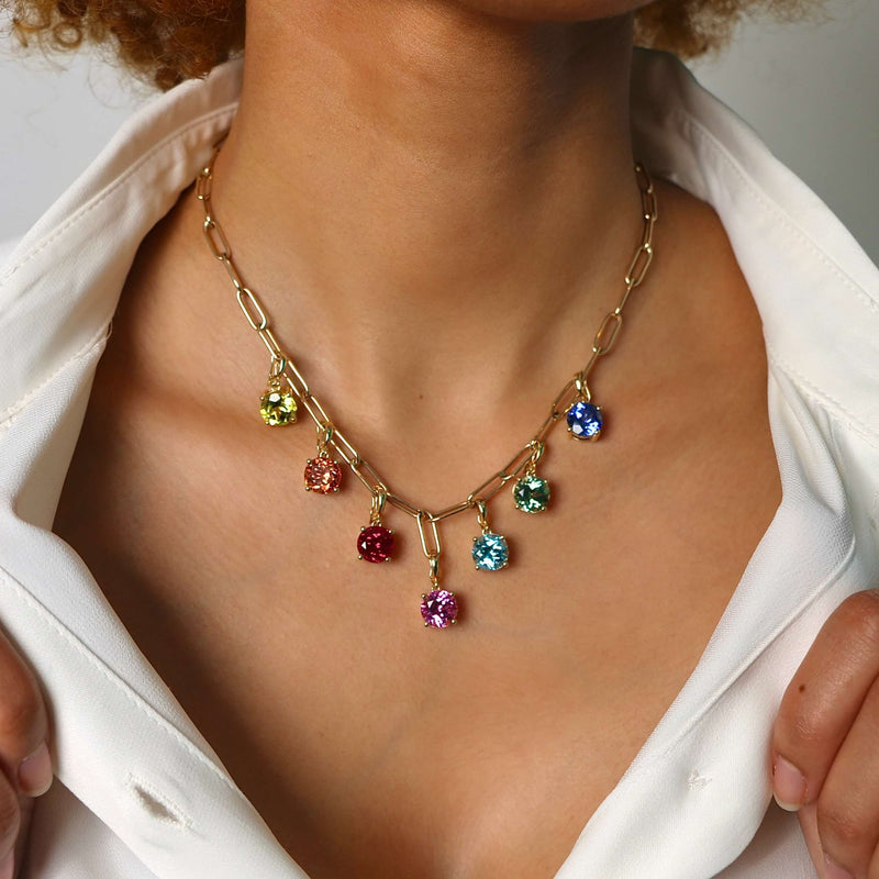 Deltora Diamonds Long Link Paper Chain Necklace with Sustainable Lab Sapphire Pendants.